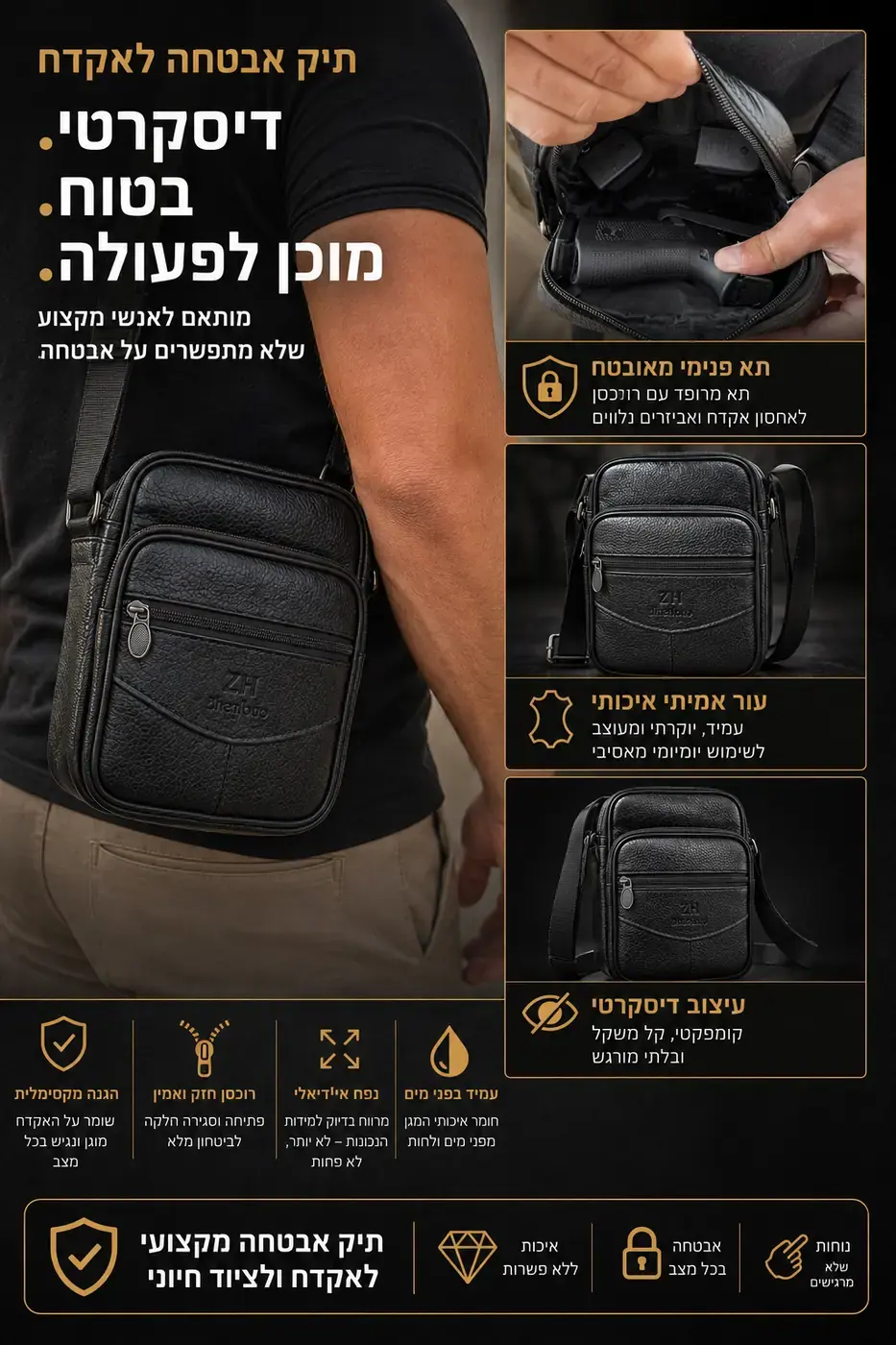 תיק לאקדח מעור אמיתי – קטן וקומפקטי שחור