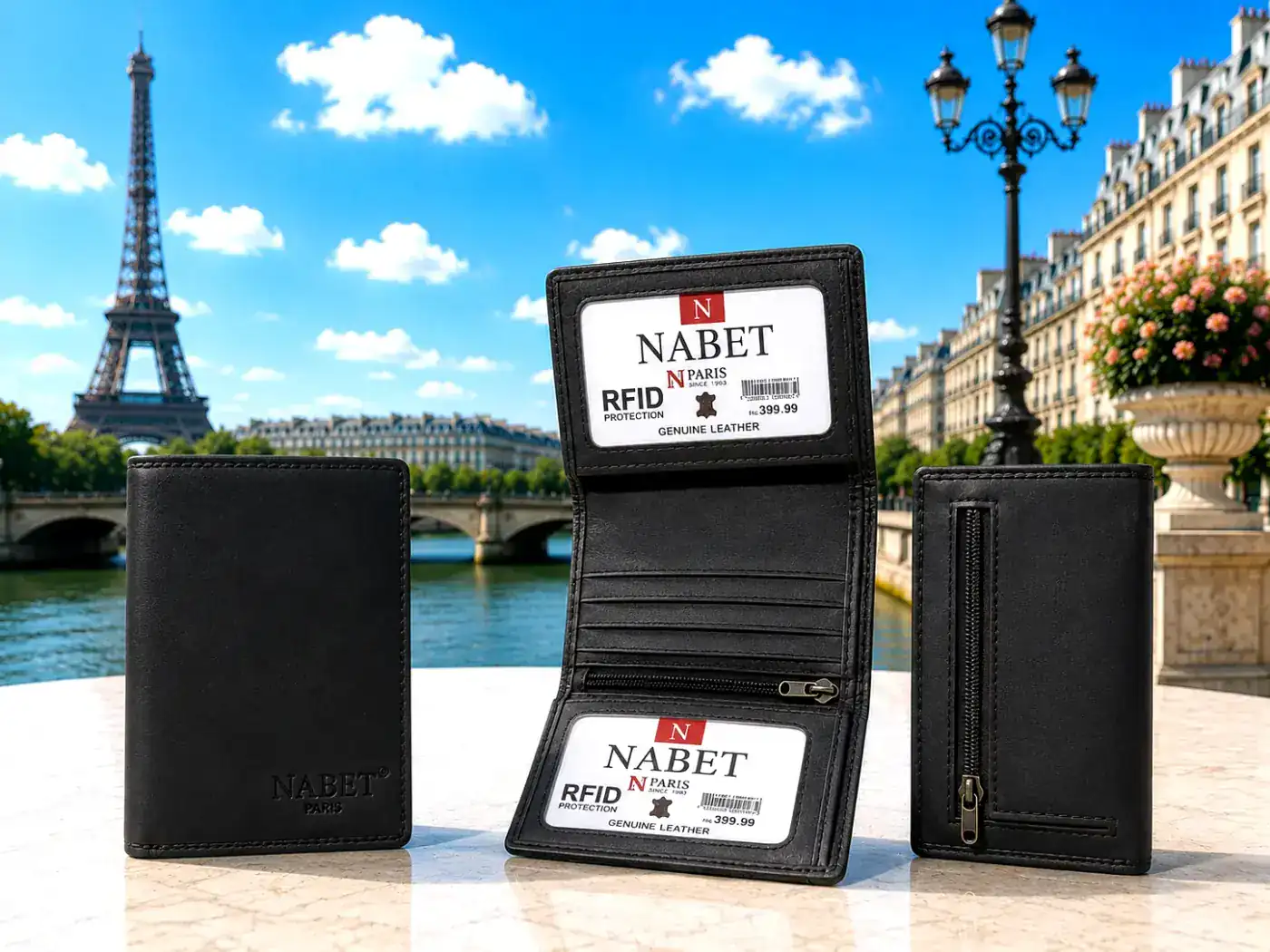 ארנק עור קטן RFID NABET PARIS – סגירה כפולה במגנטים חזקים - שחור - קטן 11×8 ס״מ