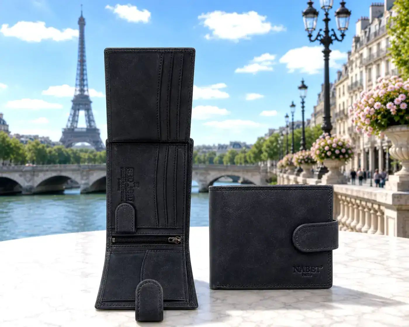 ארנק עור גדול NABET PARIS – רב תאים עם קליפס והגנת RFID - שחור - גדול 12×10 ס״מ 4