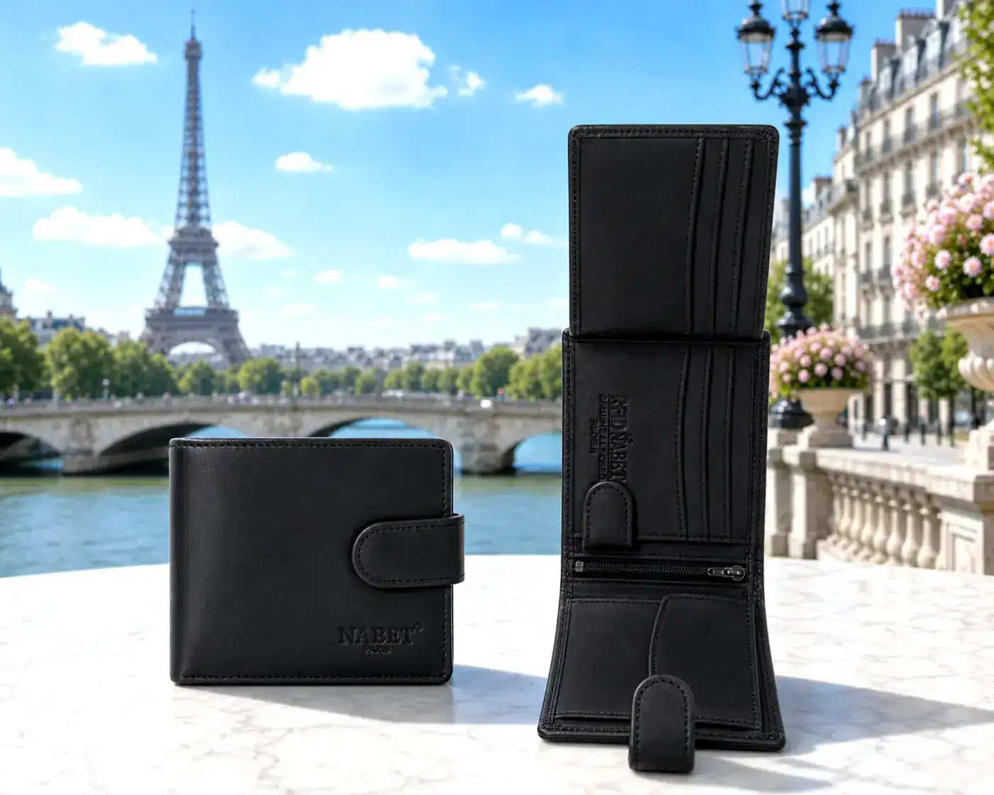 ארנק עור גדול NABET PARIS – רב תאים עם קליפס והגנת RFID - שחור - גדול 12×10 ס״מ