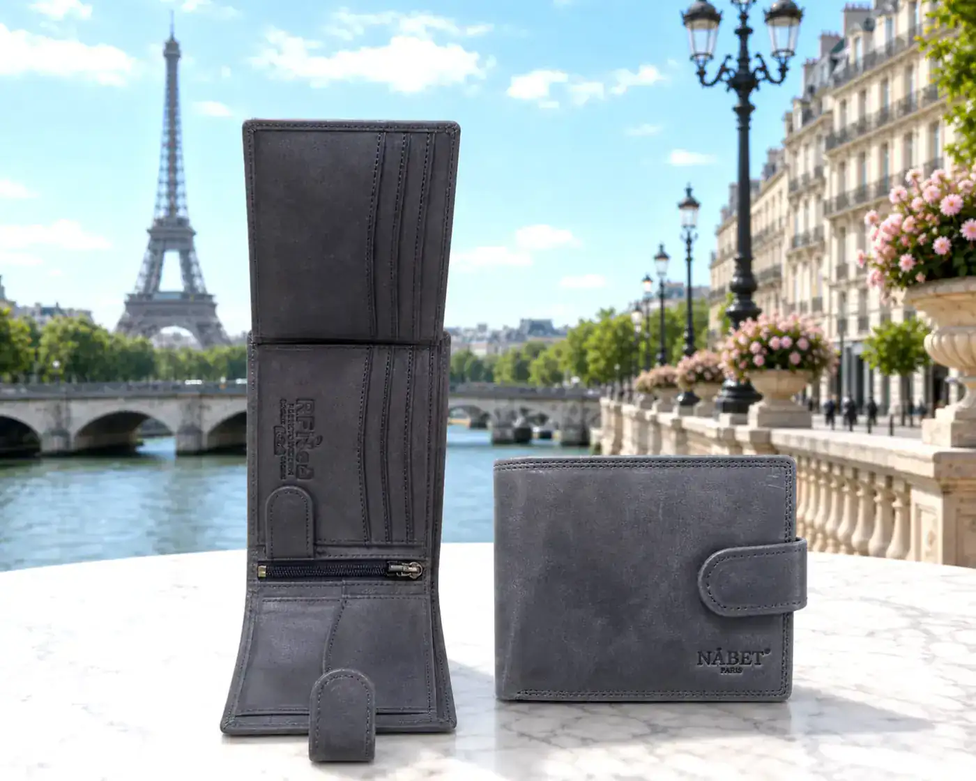 ארנק עור גדול NABET PARIS – רב תאים עם קליפס והגנת RFID - שחור - גדול 12×10 ס״מ 3
